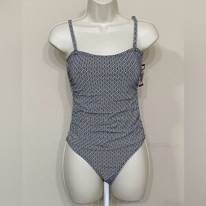 DKNY Women's Black & White Geometric Print Adjustable Strap One Piece Swimsuit S